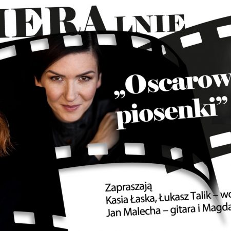 Plakat graficzny zapraszający do Olsztyna na koncert z cyklu KAMERAlnie – „Oscarowe piosenki” w Filharmonii Olsztyn.