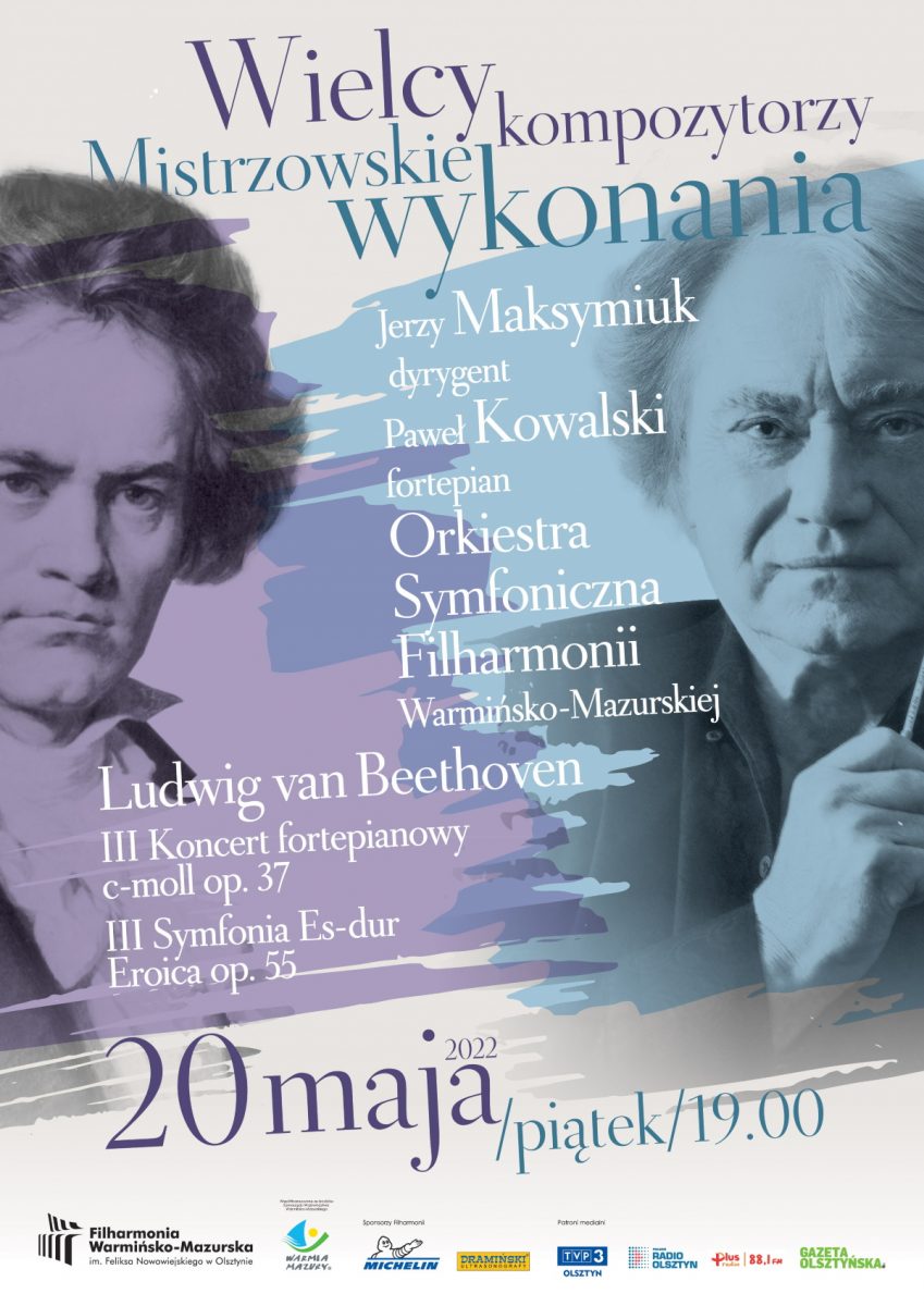 Plakat graficzny zapraszający do Olsztyna na koncert symfoniczny "Wielcy kompozytorzy" – mistrzowskie wykonania w Filharmonii Olsztyn. 