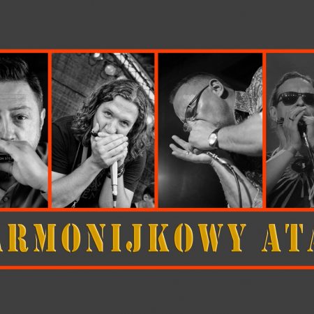 Plakat graficzny zapraszający do Olsztyna na koncert Harmonijkowy Atak w Sowie! Olsztyn 2022.