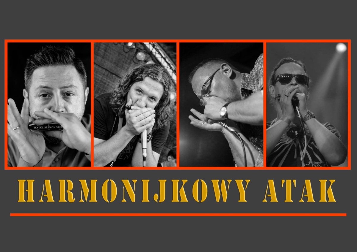 Plakat graficzny zapraszający do Olsztyna na koncert Harmonijkowy Atak w Sowie! Olsztyn 2022.