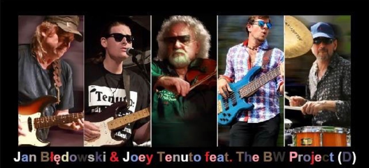 Plakat graficzny zapraszający do Olsztyna na koncert International Blues Night: JAN BŁĘDOWSKI & JOEY TENUTO (USA) Feat. THE BW PROJECT (D).