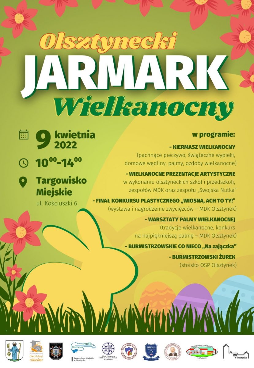 Plakat graficzny zapraszający do Olsztynka na Olsztynecki Jarmark Wielkanocny. 