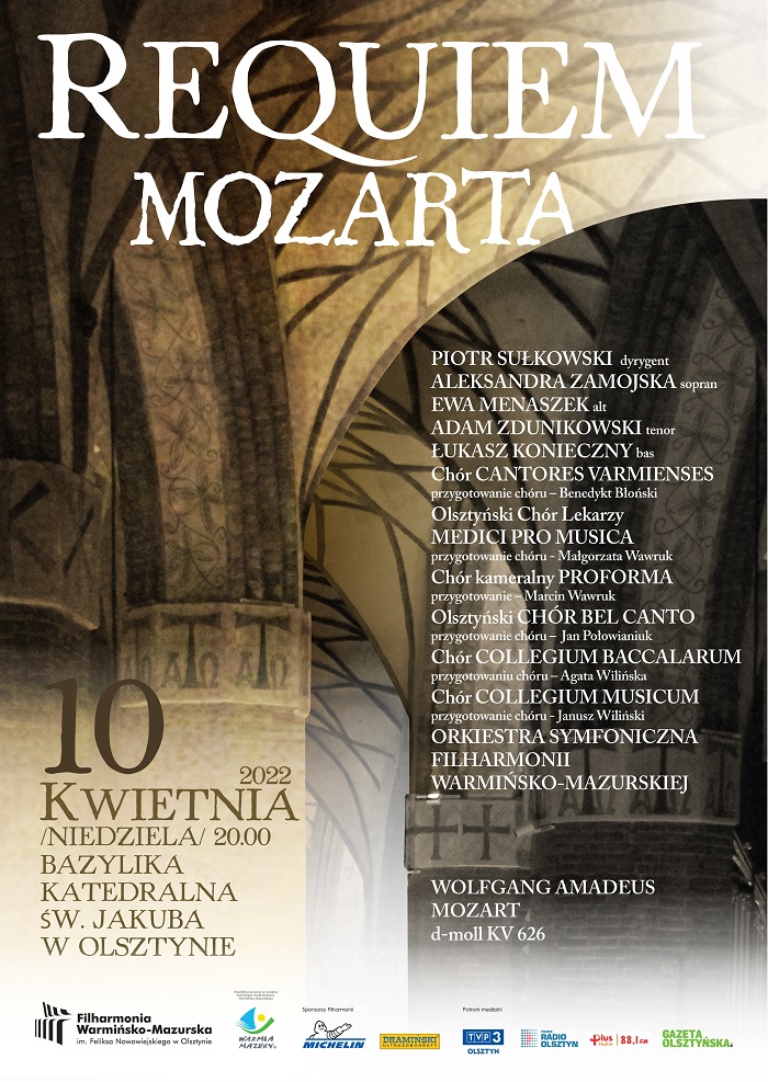 Plakat graficzny zapraszający do Olsztyna na koncert Requiem Mozarta w Bazylice konkatedralnej św. Jakuba w Olsztynie.  