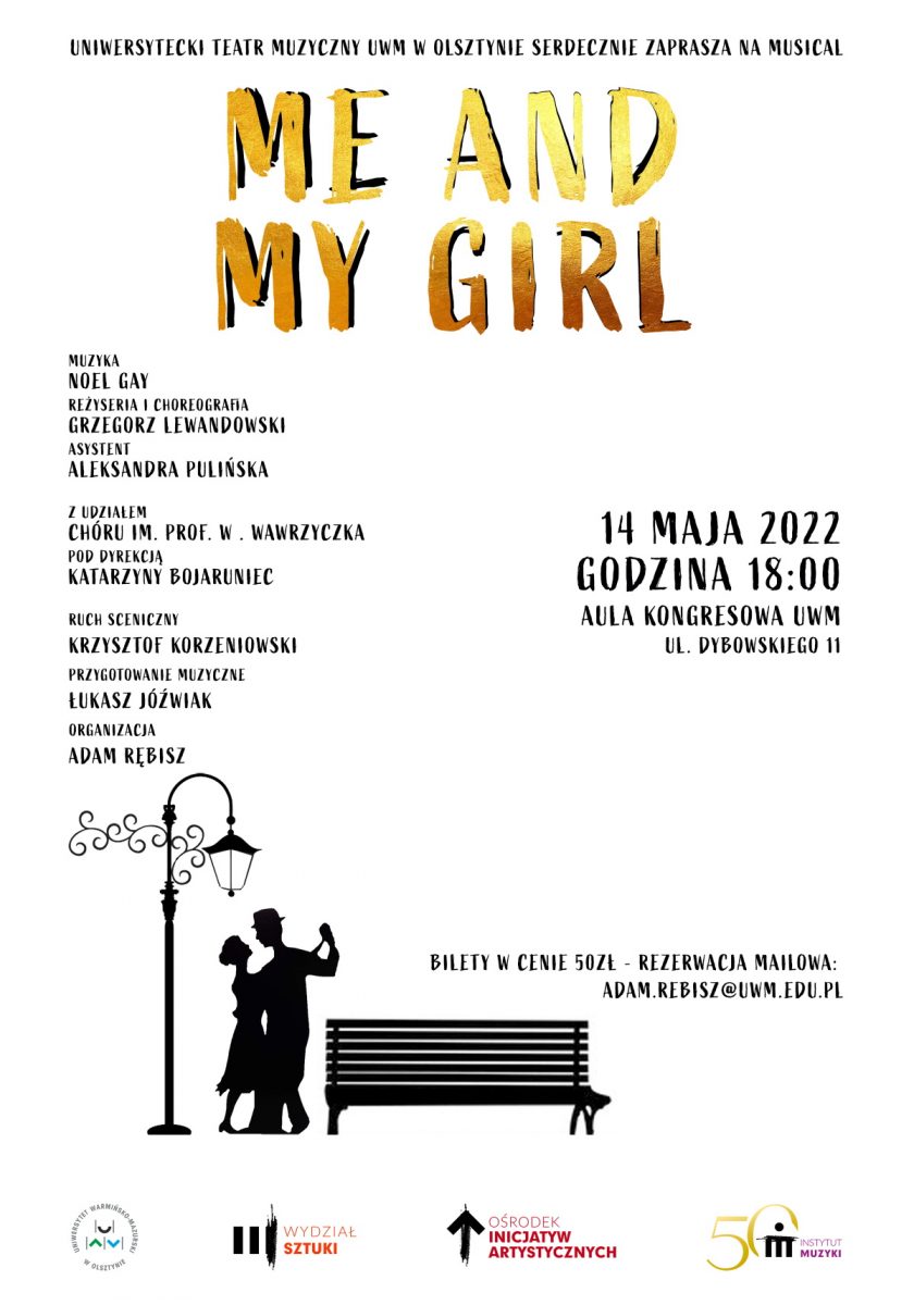 Plakat graficzny zapraszający do Olsztyna na spektakl musicalowy "Me and my girl" Olsztyn 2022.