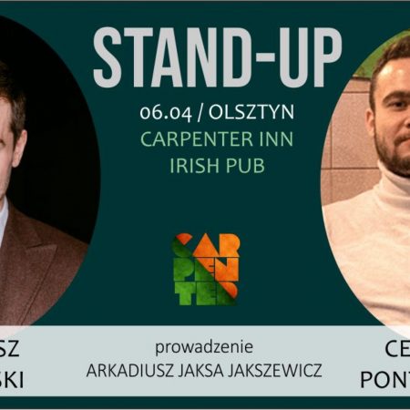 Plakat graficzny zapraszający do Olsztyna na Stand-up Warmia BARTOSZ ZALEWSKI & CEZARY PONTTEFSKI Olsztyn 2022.