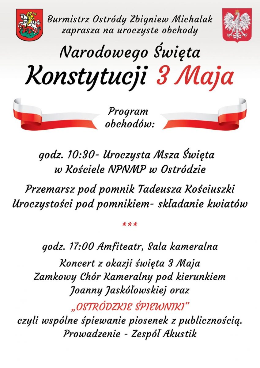 Plakat graficzny zapraszający do Ostródy na obchody Narodowego Święta Konstytucji 3 Maja Ostróda 2022.