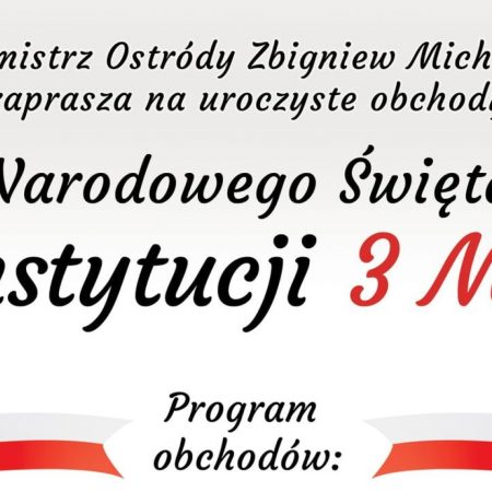 Plakat graficzny zapraszający do Ostródy na obchody Narodowego Święta Konstytucji 3 Maja Ostróda 2022.