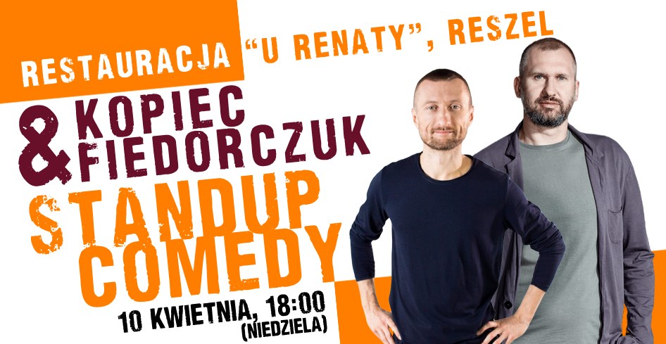Plakat graficzny zapraszający do Reszla na Stand-up Rycerz: Karol Kopiec & Wojciech Fiedorczuk Reszel 2022.