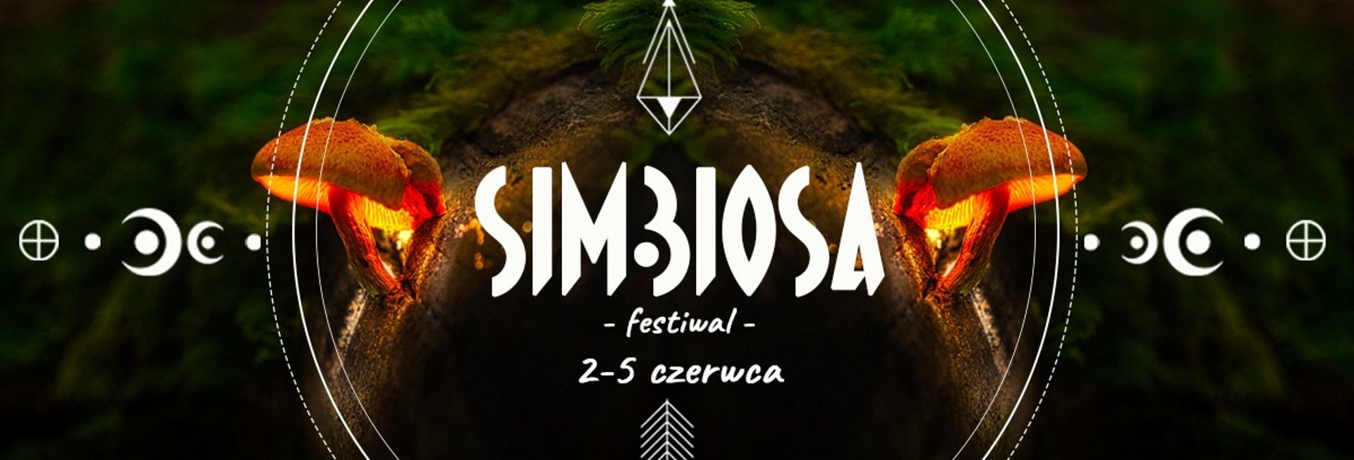 Plakat graficzny zapraszający do miejscowości Warchały na Festiwal Simbiosa Warchały 2022.