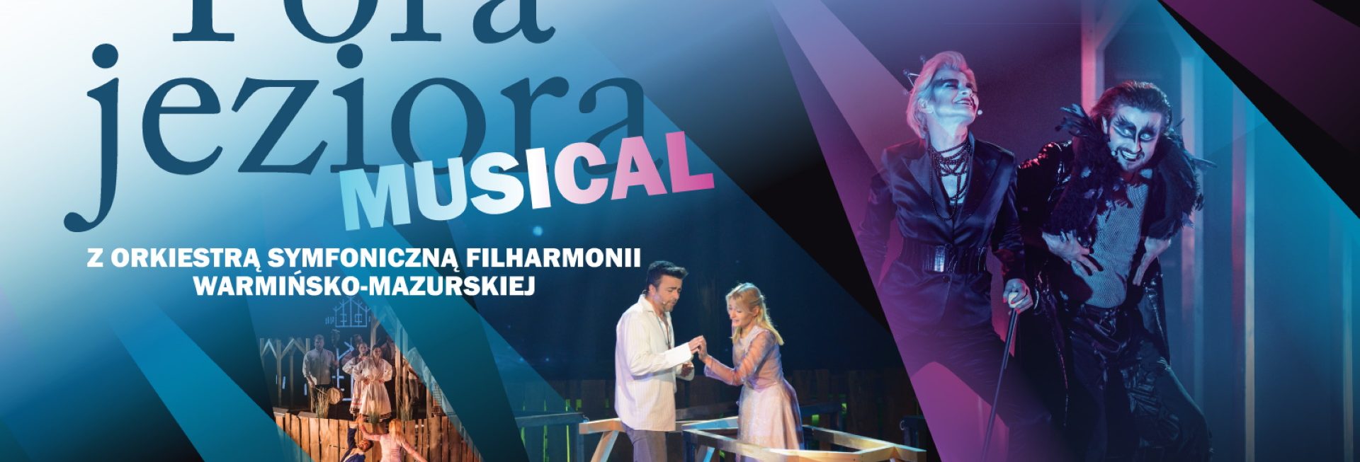 Plakat graficzny zapraszający na Musical „Pora jeziora” z Orkiestrą Symfoniczną Filharmonii Warmińsko-Mazurskiej w Olsztynie.