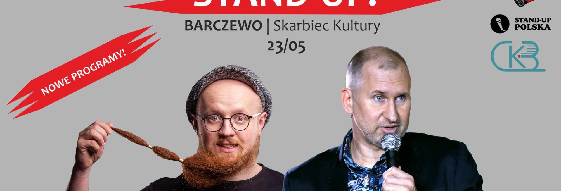 Plakat graficzny zapraszający do Barczewa na występ Stand-up Wojciech FIEDORCZUK & Arkadiusz JAKSA Jakszewicz Barczewo 2022.