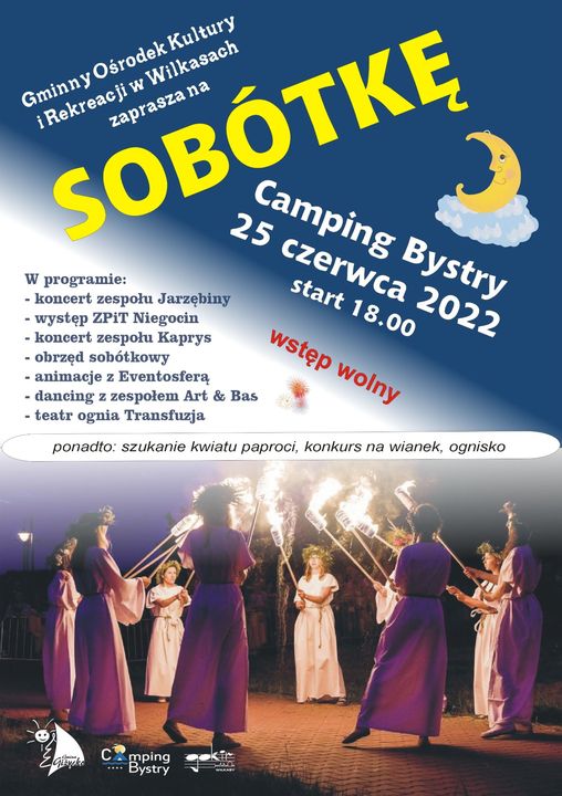 Plakat graficzny - zdjęcie zapraszające do miejscowości Bystry koło Giżycka na kolejną edycję plenerowej imprezy Sobótka – obchody nocy świętojańskiej Camping Bystry 2022. 
