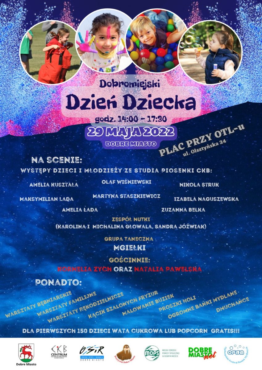 Plakat graficzny zapraszający do Dobrego Miasta na Dobromiejski Dzień Dziecka 2022.