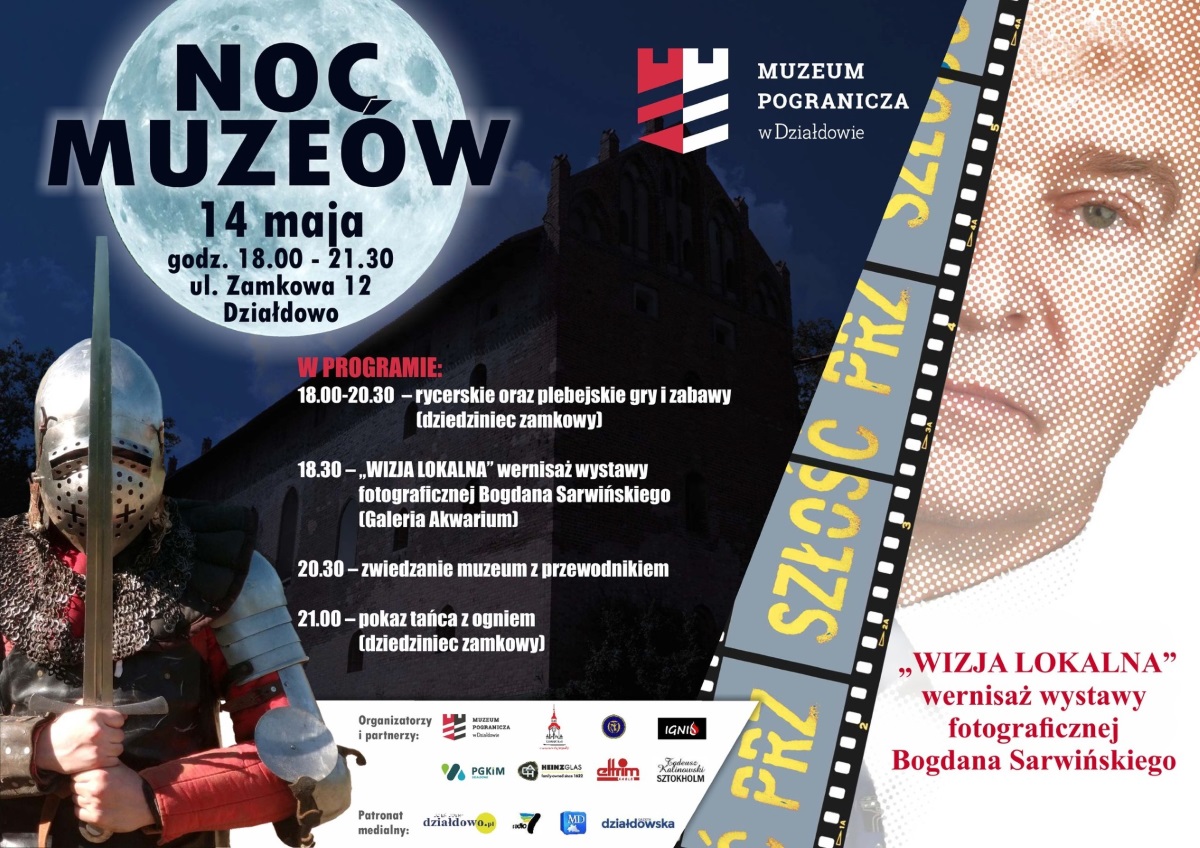 Plakat graficzny zapraszający do Działdowa na Noc Muzeów 2022 w Muzeum Pogranicza w Działdowie.