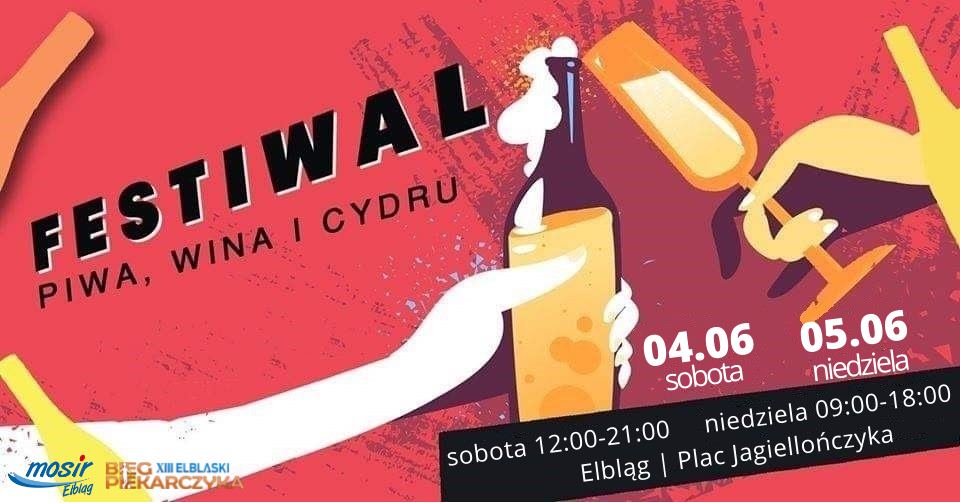 Plakat graficzny zapraszający do Elbląga na Festiwal piwa, wina i cydru Elbląg 2022.