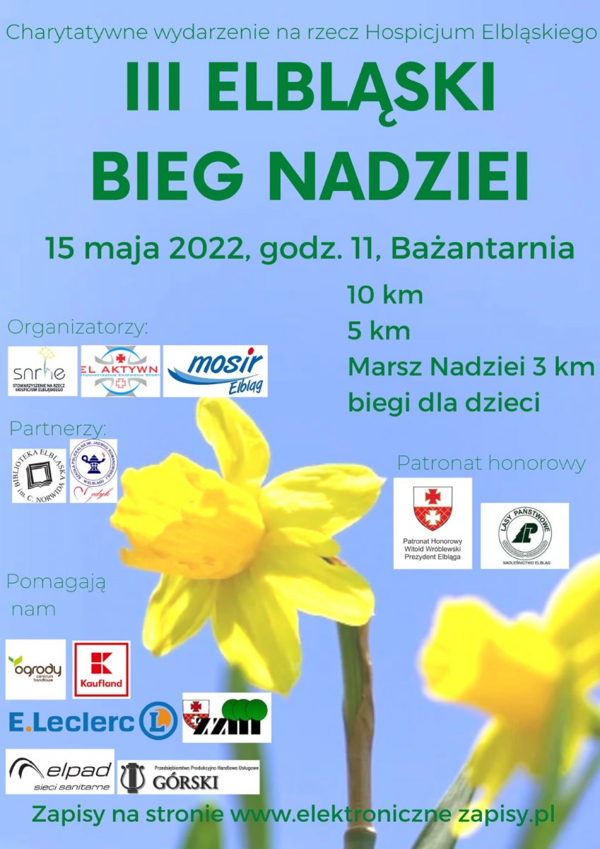 Plakat graficzny zapraszający do Elbląga na 3. edycję Elbląskiego Biegu Nadziei Elbląg 2022.