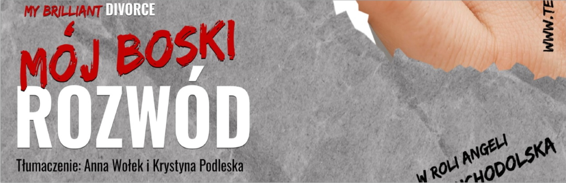 Plakat graficzny zapraszający do Elbląga na spektakl teatralny “Mój boski rozwód”.