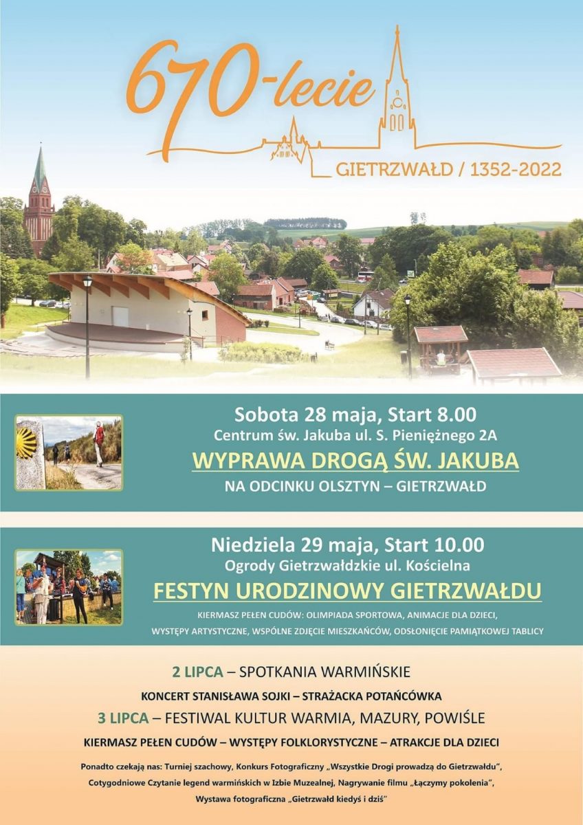 Plakat graficzny zapraszający do Gietrzwałdu na Festyn urodzinowy z okazji świętowania 670-lecia Gietrzwałdu.