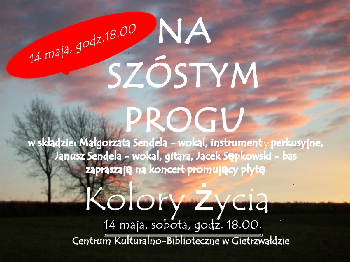 Plakat graficzny zapraszający do Gietrzwałdu na koncert zespołu NA SZÓSTYM PROGU Gietrzwałd 2022.