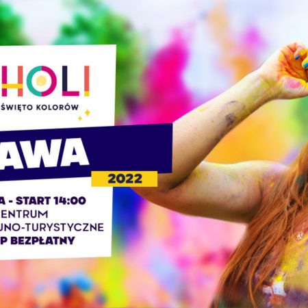 Plakat graficzny zapraszający do Iławy na HOLI Święto Kolorów Iława 2022.