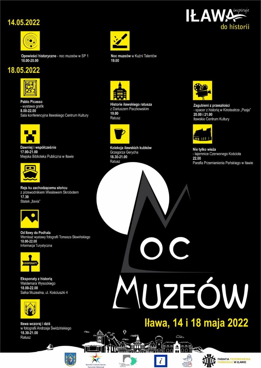 Plakat graficzny zapraszający do Iławy na Noc Muzeów Iława 2022.