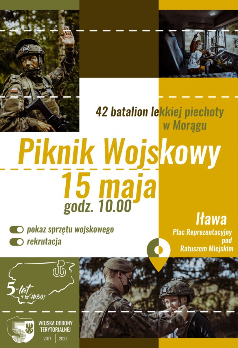 Plakat graficzny zapraszający do Iławy na Piknik Wojskowy Iława 2022.
