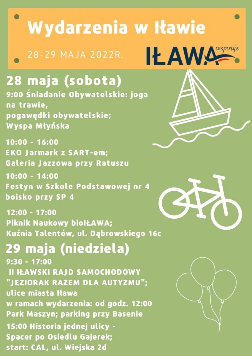 Plakat graficzny - wydarzenia w Iławie w dniach 28-29 maj 2022 r.