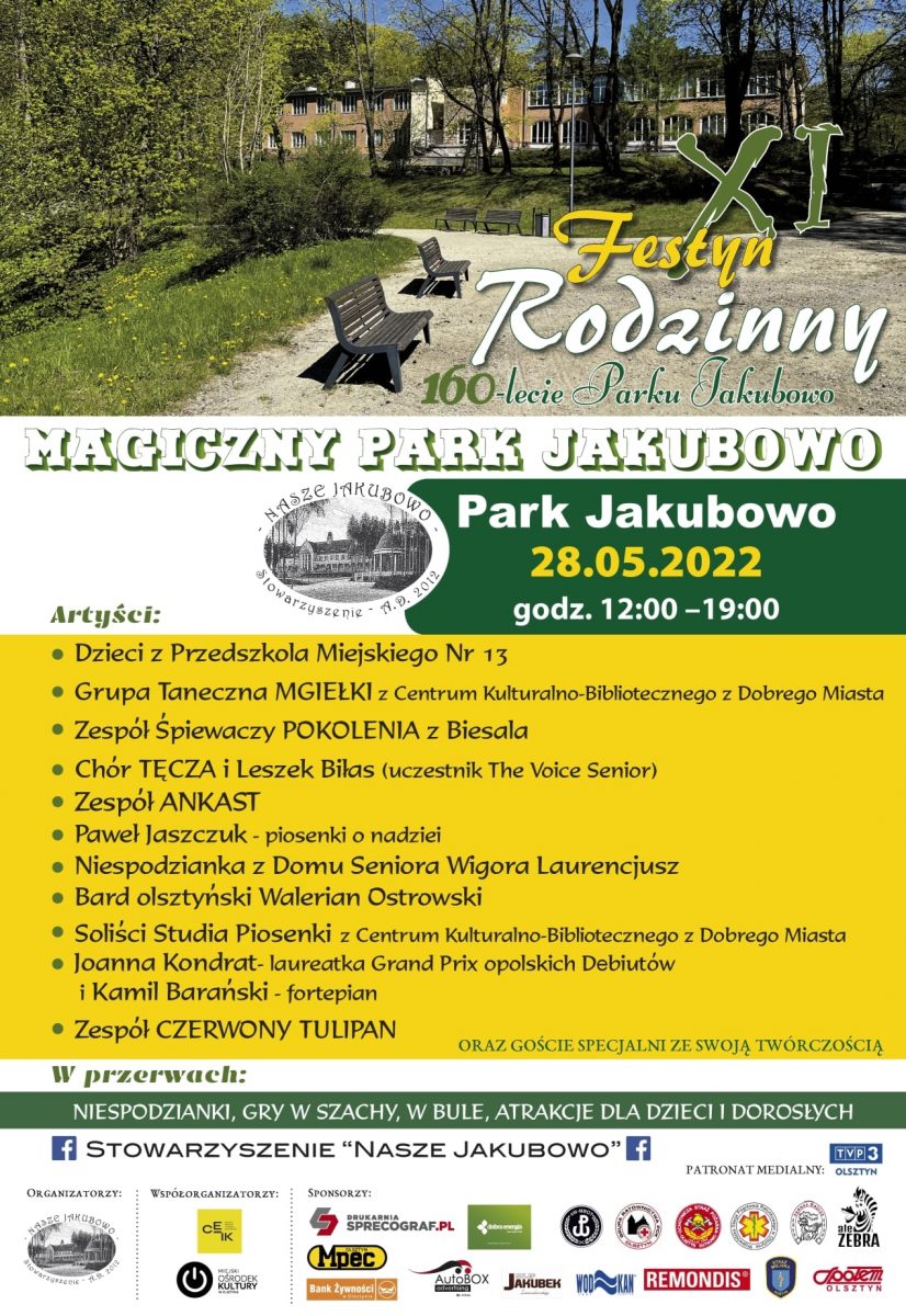 Plakat graficzny zapraszający do Parku Jakubowo w Olsztynie na 11. edycję Festynu Rodzinnego - Magiczny Park Jakubowo Olsztyn 2022. 