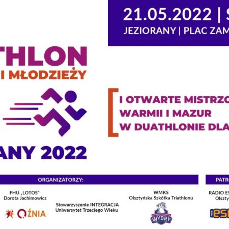 Plakat graficzny zapraszający do Jezioran na 1. edycję Otwartych Mistrzostwa Warmii i Mazur DUATHLON dla dzieci i młodzieży Jeziorany 2022.