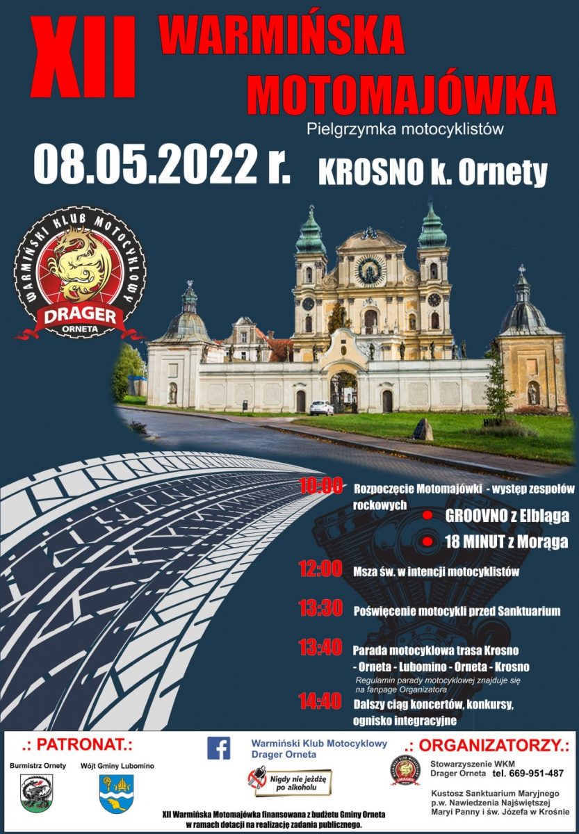 Plakat graficzny zapraszający do miejscowości Krosno k. Ornety na Warmińską Motomajówkę 2022.