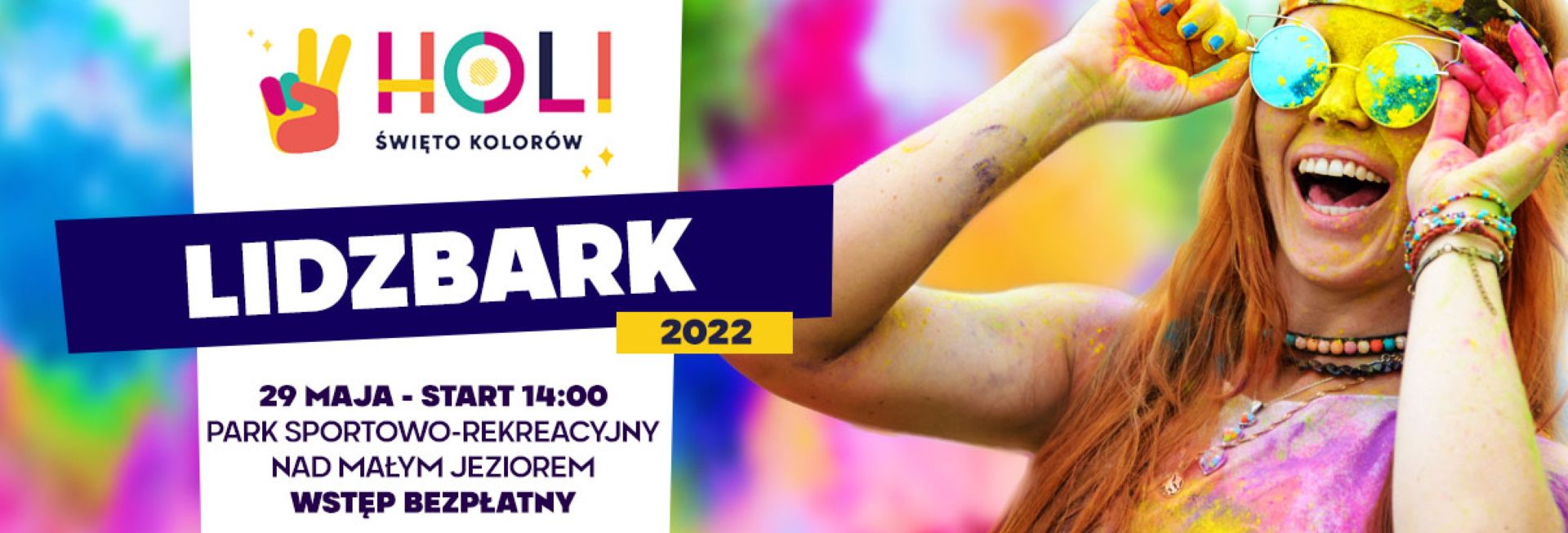 Plakat graficzny zapraszający do Lidzbarka na Holi Święto Kolorów w Lidzbarku 2022.