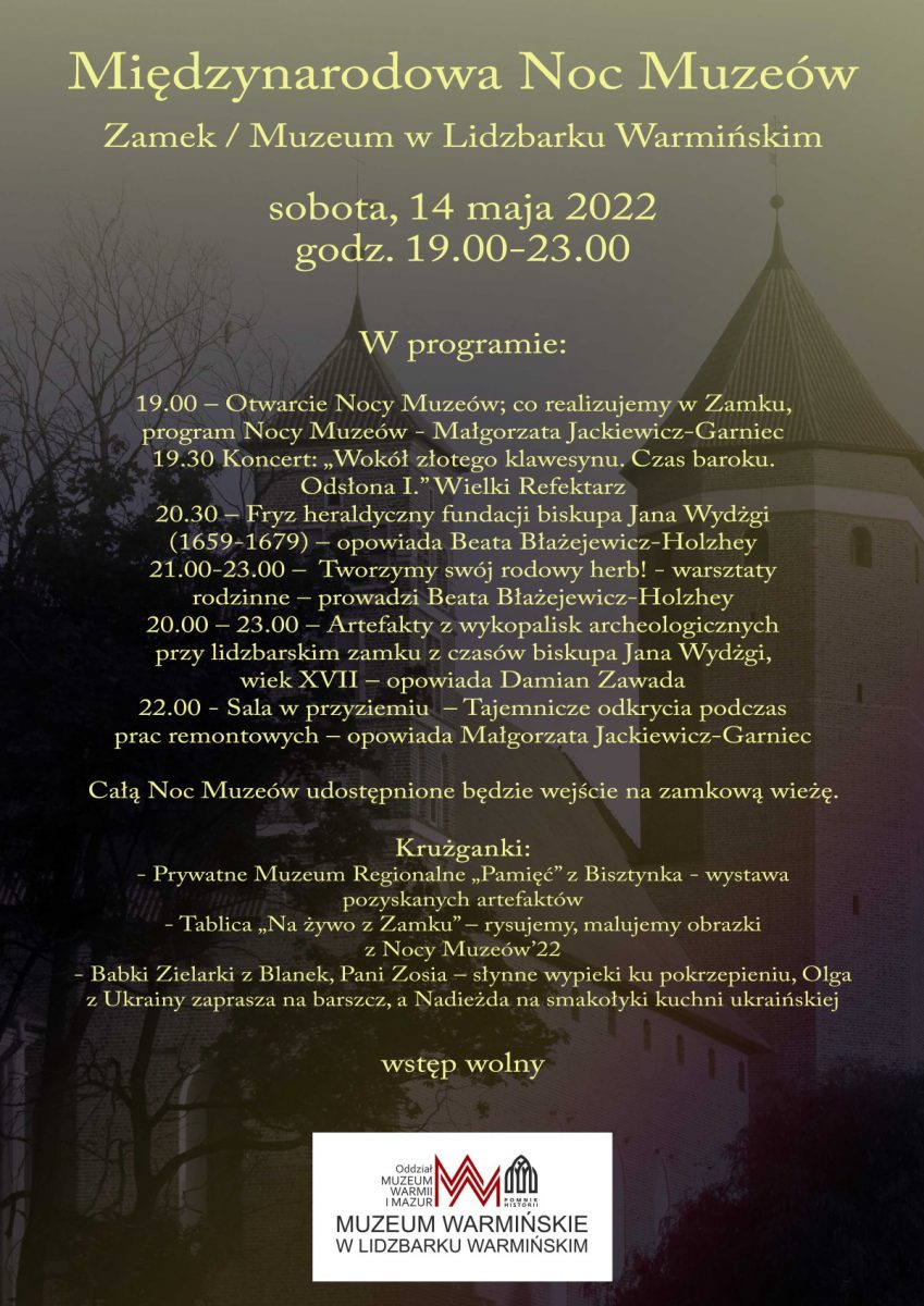 Plakat graficzny zapraszający do Lidzbarka Warmińskiego na Międzynarodową Noc Muzeów na Zamku w Lidzbarku Warmińskim.