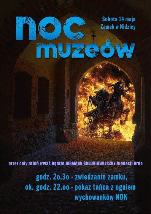 Plakat graficzny zapraszający do Nidzicy na Noc Muzeów 2022 na Zamku w Nidzicy.