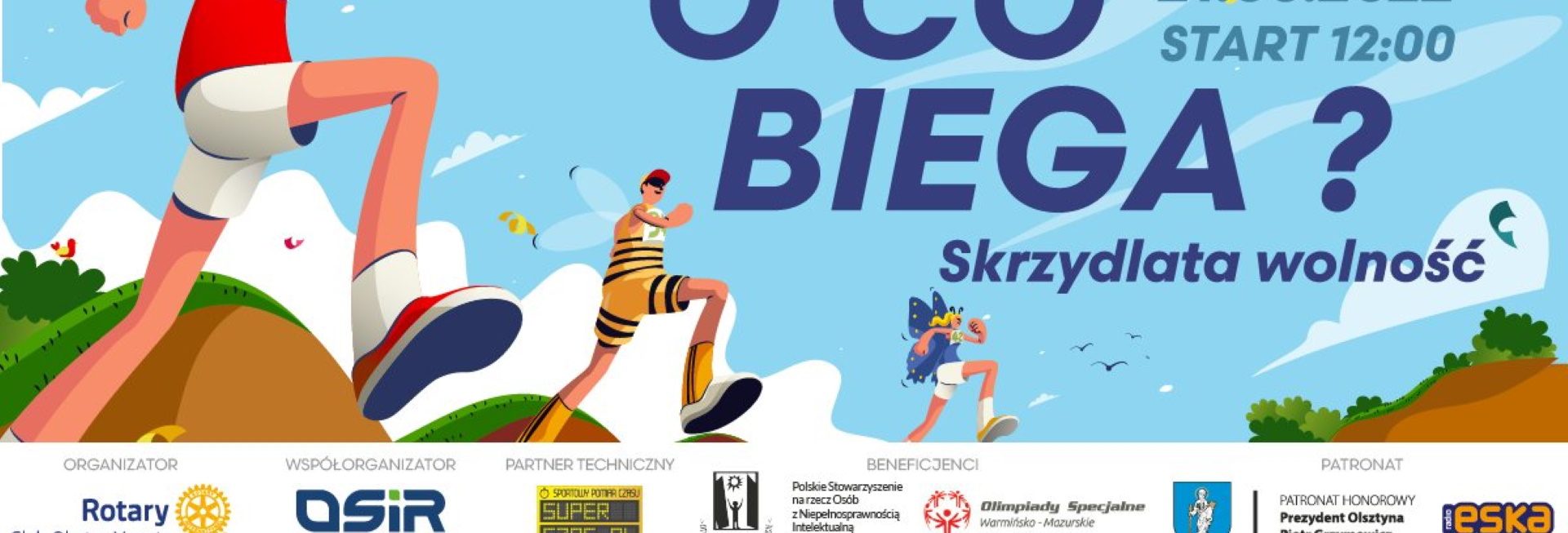 Plakat graficzny zapraszający do Olsztyna na Charytatywną Sztafetę Integracyjną „O CO BIEGA?” Olsztyn 2022.