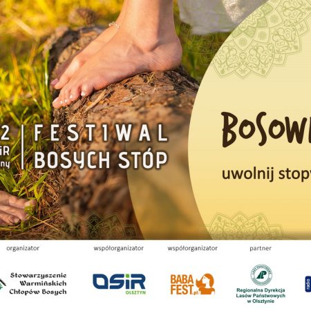 Plakat graficzny zapraszający do Olsztyna na 2. edycję Festiwalu Bosych Stóp - BOSOWISKO "uwolnij stopy - uwolnij myśli" Olsztyn 2022.