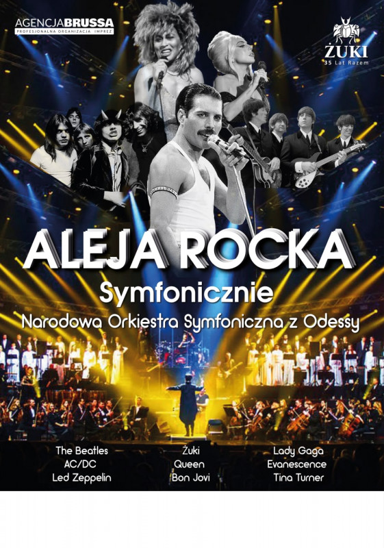 Plakat graficzny zapraszający do Olsztyna na koncert Aleja Rocka Symfonicznie 2022 zorganizowany w Filharmonii w Olsztynie.