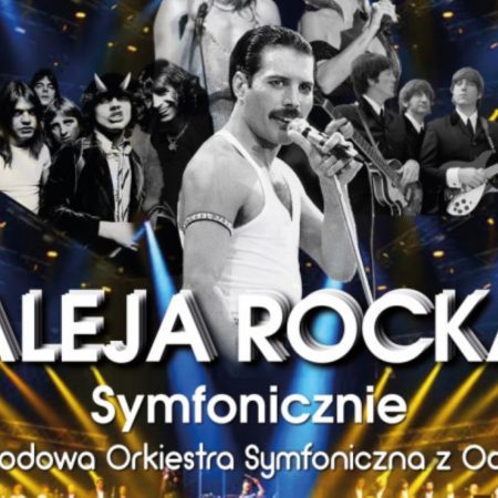 Plakat graficzny zapraszający do Olsztyna na koncert Aleja Rocka Symfonicznie 2022 zorganizowany w Filharmonii w Olsztynie.