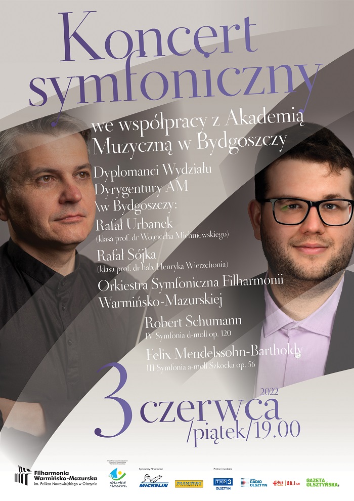 Plakat graficzny zapraszający do Olsztyna na koncert symfoniczny we współpracy z Akademią Muzyczną w Bydgoszczy Olsztyn 2022.