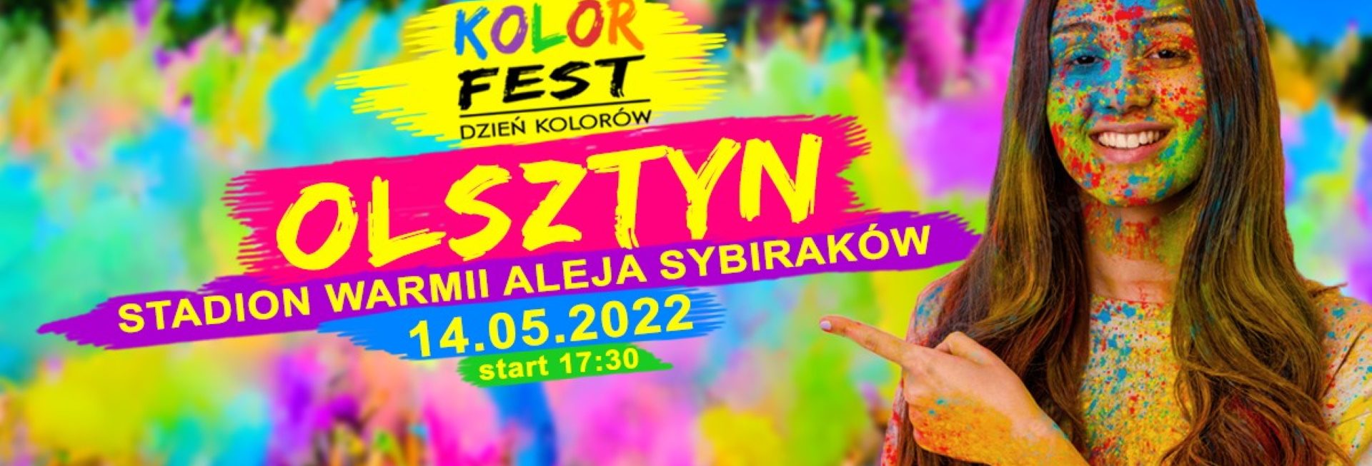 Plakat graficzny zapraszający do Olsztyna na Kolor Fest Olsztyn - Dzień Kolorów Holi w Olsztynie 2022.
