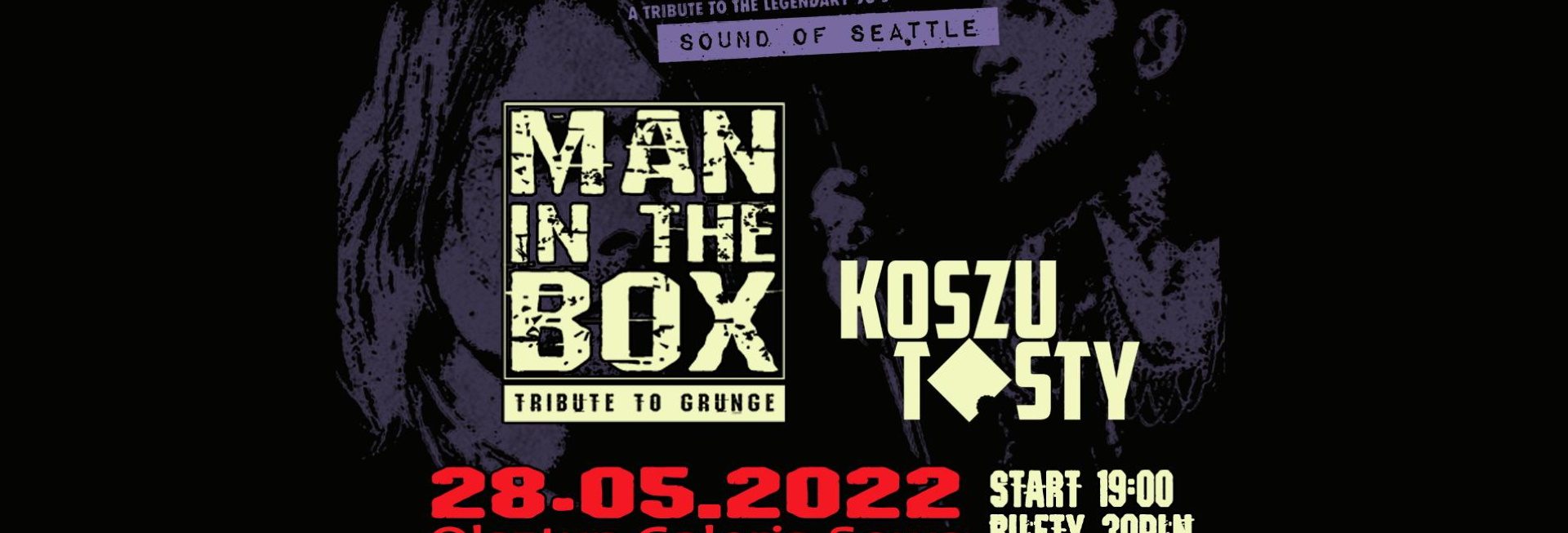 Plakat graficzny zapraszający do Olsztyna na koncert zespołu Man in the Box - Tribute to grunge OLSZTYN 2022.