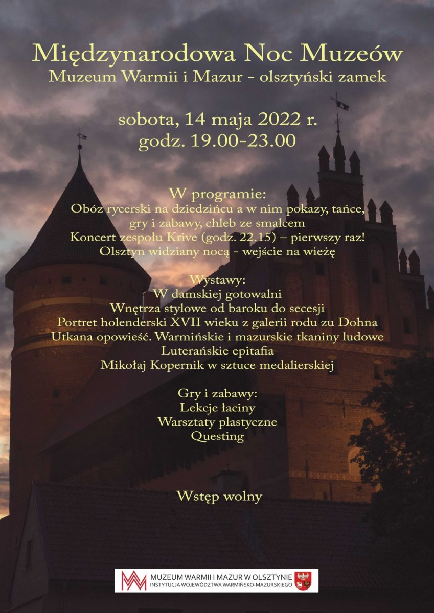Plakat graficzny zapraszający do Olsztyna na Międzynarodową Noc Muzeów - Olsztyński Zamek 2022.