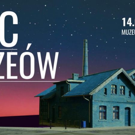 Plakat graficzny zapraszający do Olsztyna na Noc Muzeów 2022 w Muzeum Nowoczesności w Olsztynie.