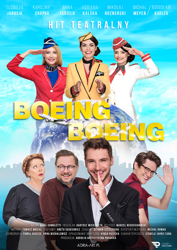 Plakat graficzny zapraszający do Olsztyna na spektakl teatralny „Boeing Boeing” Olsztyn 2022.