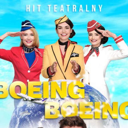 Plakat graficzny zapraszający do Olsztyna na spektakl teatralny „Boeing Boeing” Olsztyn 2022.