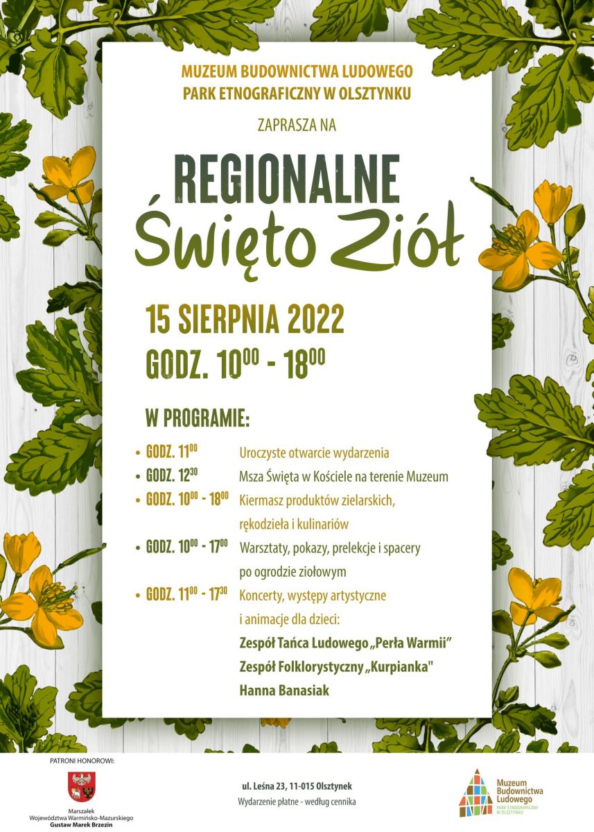 Plakat zapraszający do Muzeum Budownictwa Ludowego w Olsztynku na Regionalne Święto Ziół 2022.
