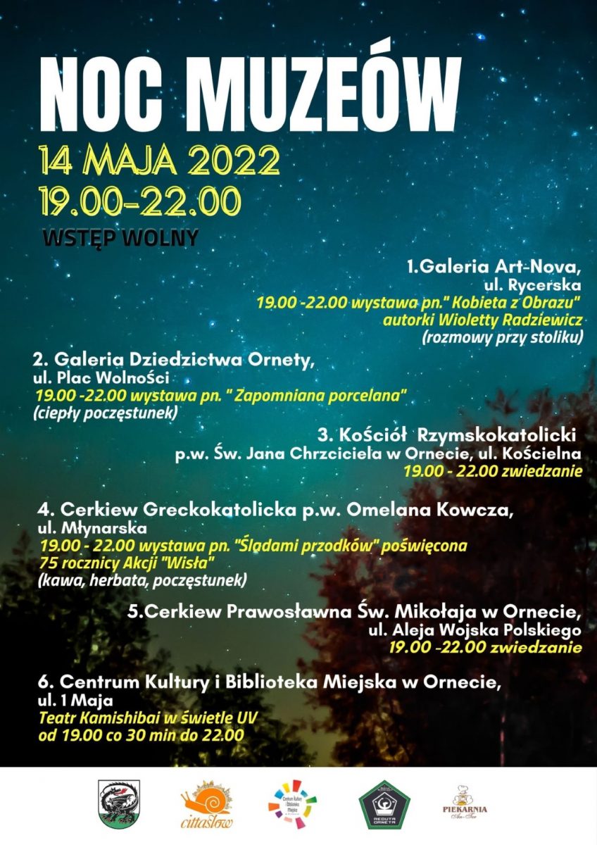 Plakat graficzny zapraszający do Ornety na Noc Muzeów Orneta 2022.