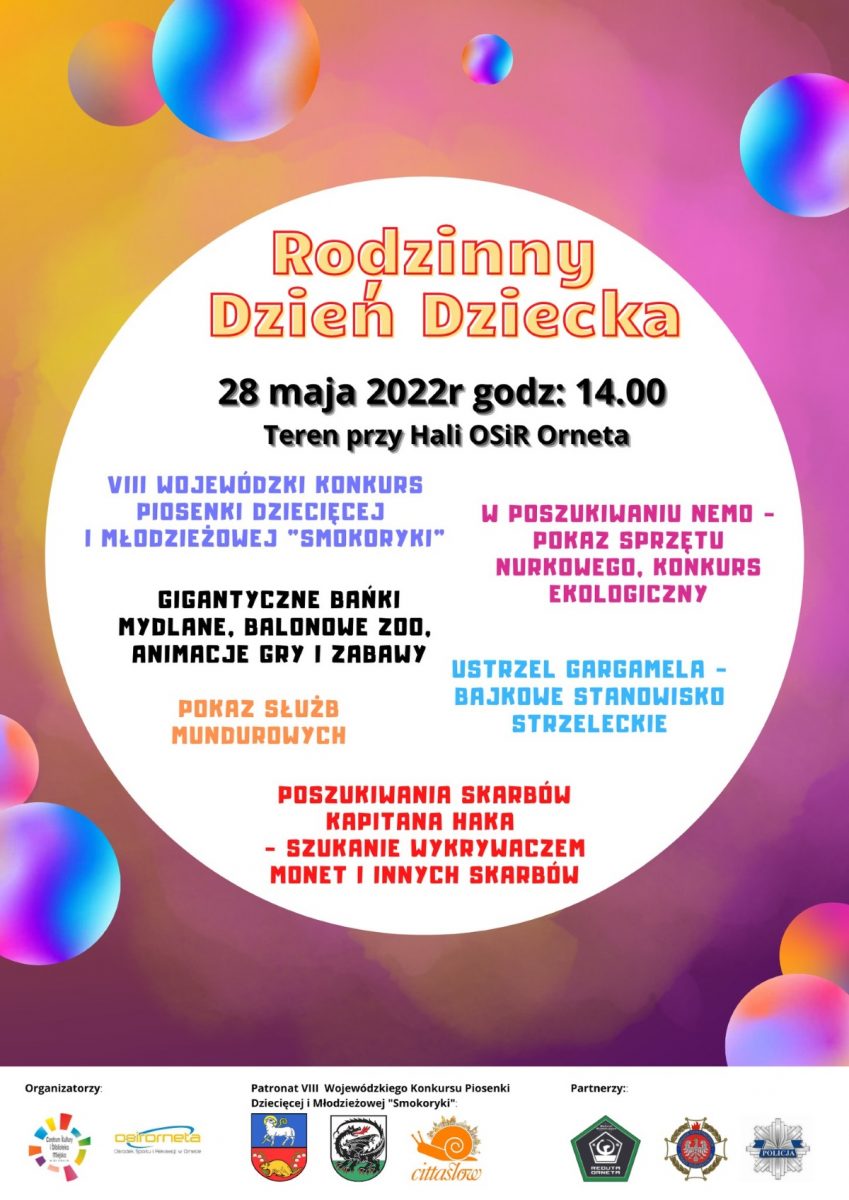 Plakat graficzny zapraszający do Ornety na Rodzinny Dzień Dziecka Orneta 2022. 