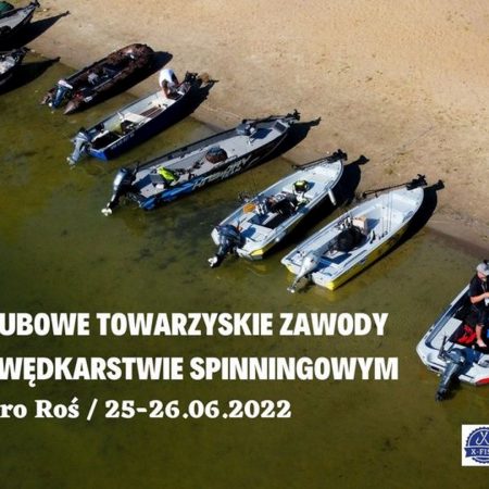 Plakat graficzny zapraszający do Pisza na 3. edycję Międzyklubowych Towarzyskich Zawodów Spinningowych na jeziorze Roś.  