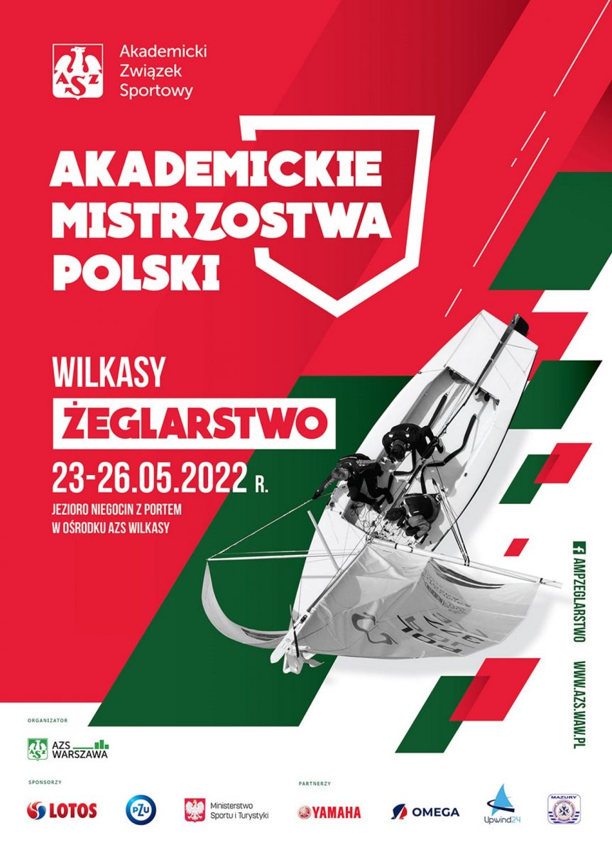 Plakat graficzny zapraszający do Ośrodka AZS w Wilkasach na Żeglarskie Akademickie Mistrzostwa Polski Wilkasy 2022.