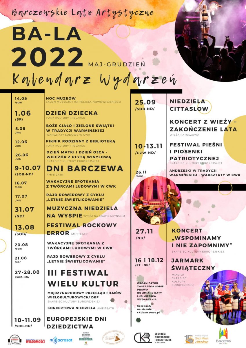 Plakat graficzny zapraszający do Barczewa na Barczewskie Lato Artystyczne 2022.